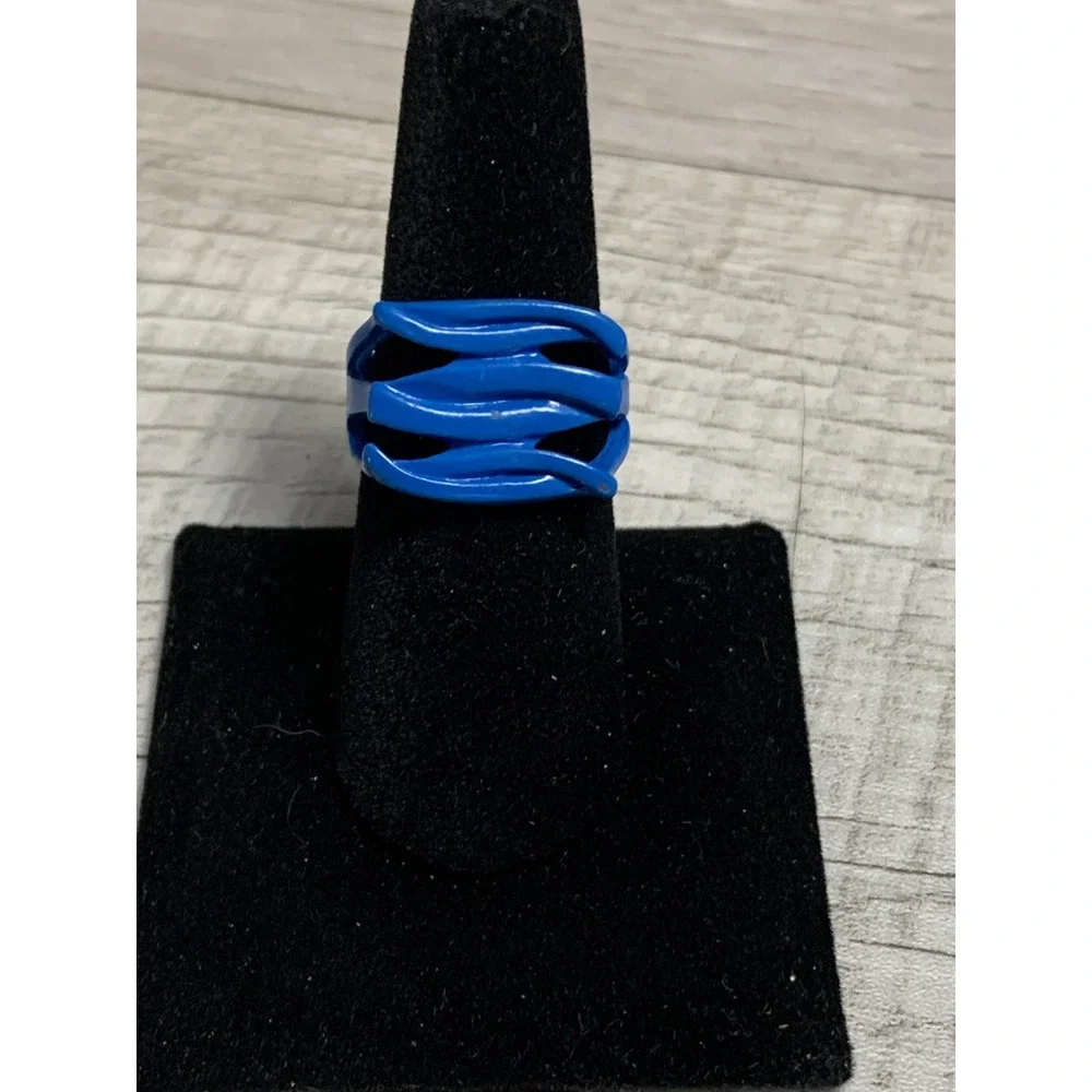 Cobalt Blue Enamel Wavy Multi Strand Cage Statement Ring Adjustable Size 8